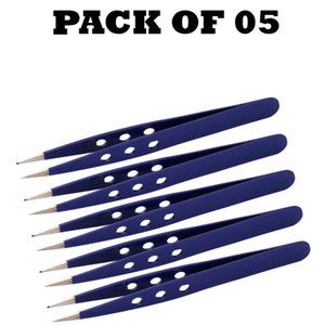 Forgica Professional Stainless Steel Plain Coated Hole Design Tweezers Pack of 5